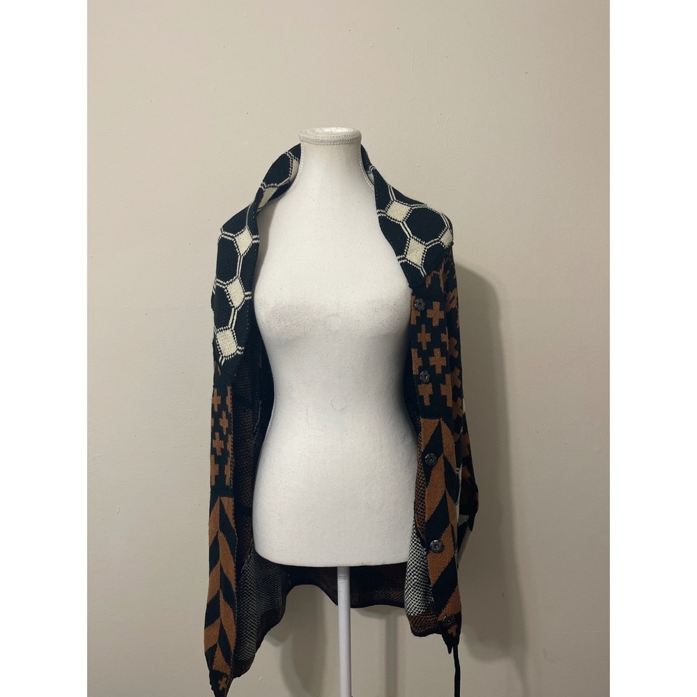 Geometric Aztec Casual Knit Cardigan Brown Black White Snap Front Size Small - Picture 2 of 9